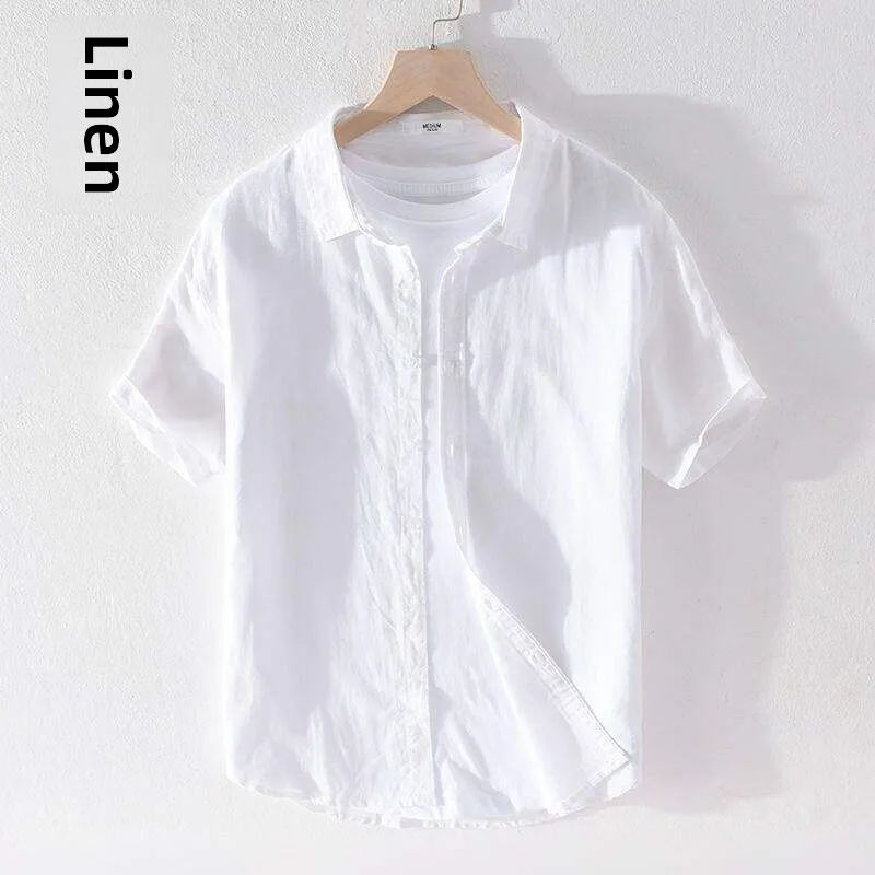 

Мужская летняя рубашка свободного кроя из льна и хлопка с коротким рукавом, тонкая, больших размеров, в городском стиле, с отложным воротником, для повседневной носки