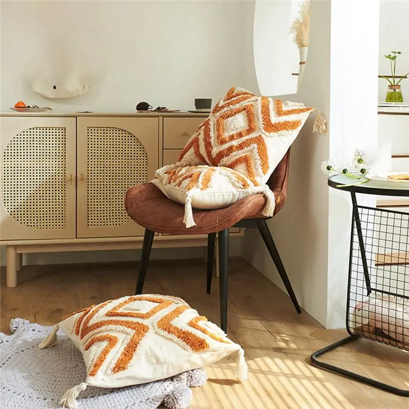 Farmhouse Decorative Pillow Cover Geometric Ethnic Style Pillowcase Irregular Rhombic Lattice Tufted Decorative Pillow Cover-A78