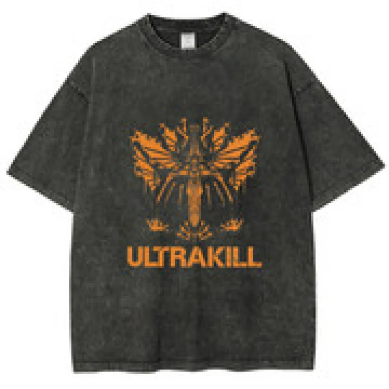 

Ultrakill Letter Американская хип-хоп уличная одежда Хлопковая мужская свободная потертая футболка с круглым вырезом и короткими рукавами в стиле ретро с принтом