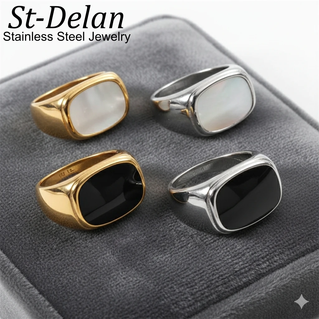 St-Delan Vintage Chunky Square Shell Ring for Women Stainless Steel Gold Tone White Black Large Party Jewelry Gift