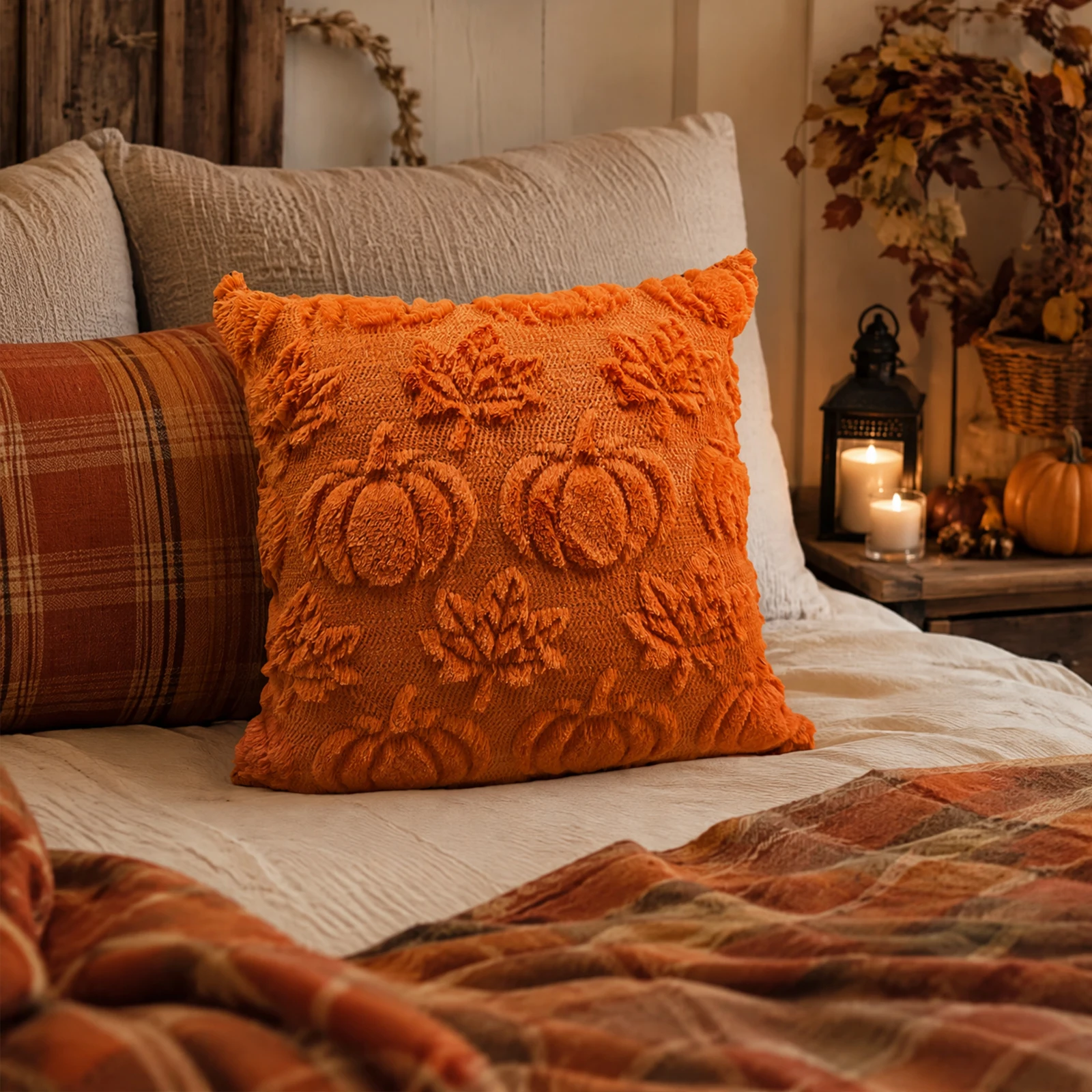 Orange Quilted Tufted Pumpkin Throw Pillow Cover 3D Embroidered Halloween Fall Harvest Cushion Cover