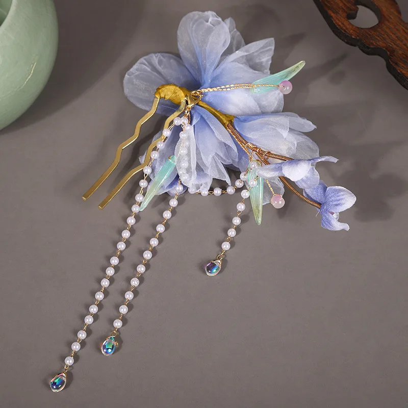 Chinese Traditional Hanfu Light Blue Gradient Chiffon Flower Hair Stick Tang Dynasty Style Pearl Tassel Glaze Leaf Hair Pin Anci