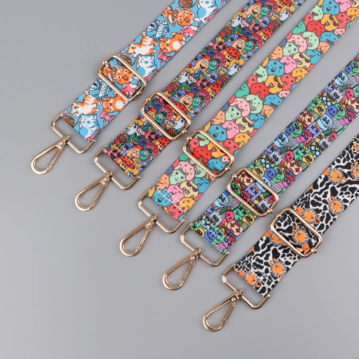 Correas de hombro de nailon para mujer, cinturón de cadena dorada con patrón de estampado de dibujos animados, correas anchas ajustables individuales, accesorios para bolsos, regalos