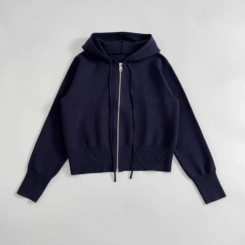 

Navy Blue Women's Autumn Hohded Cardigan Front Zipper Long Sleeve Casual Outerwear For Lady Leisure Style Female's Knitwear