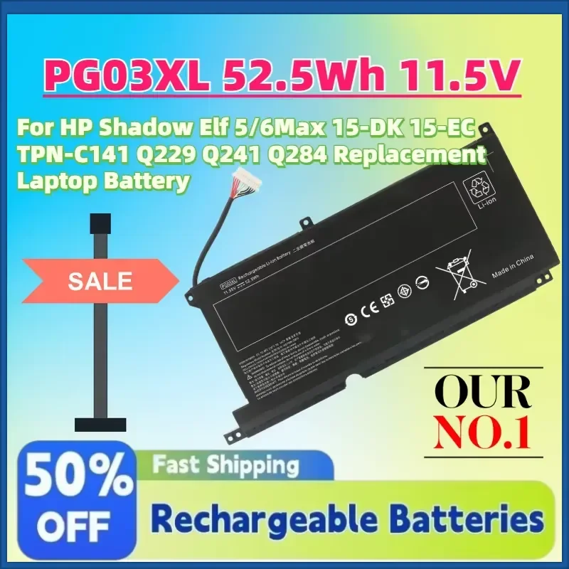 

High-Quality PG03XL 52.5Wh 11.5V Battery for HP Shadow Elf 5/6Max 15-DK 15-EC TPN-C141 Q229 Q241 Q284 Replacement Laptop