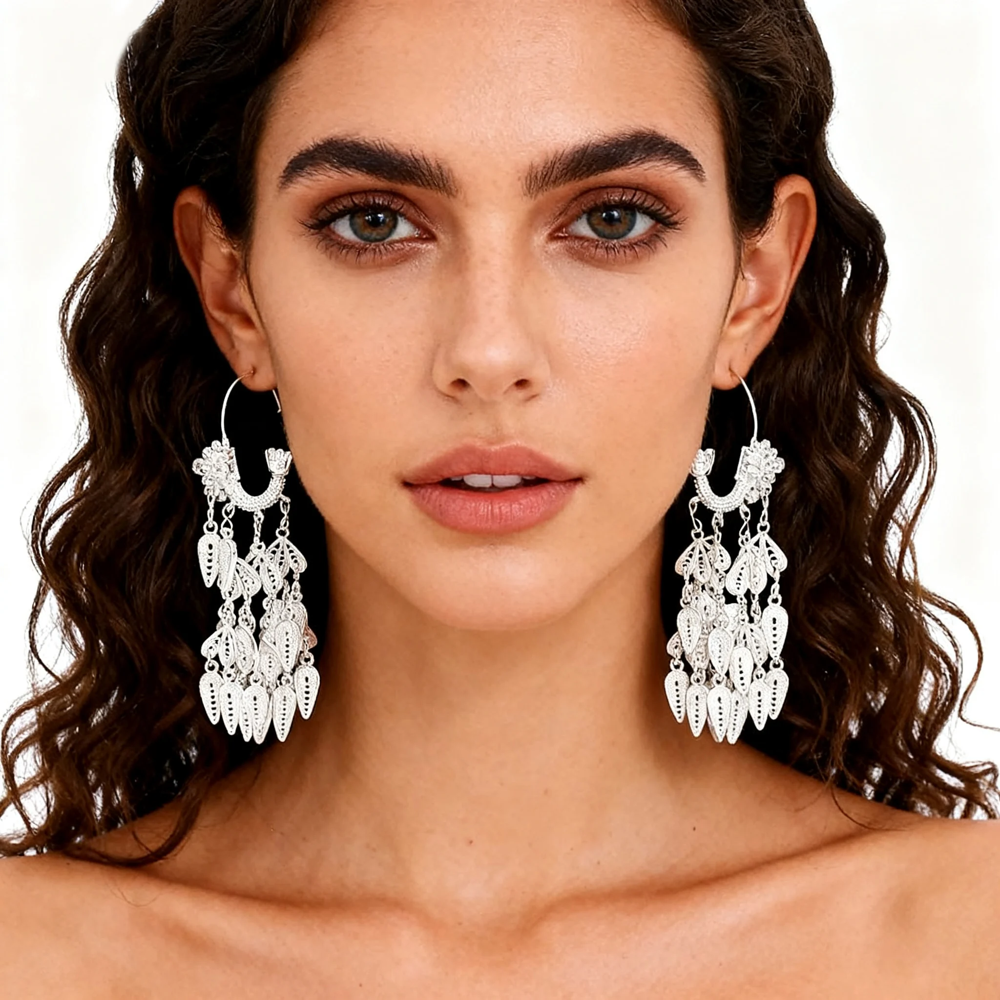 Hmong White Silver Plated Hollow Leaves Tassel Dangle Earrings for Women Carved Ethnic Tribal Afghan Turkish Dress Jewelry Gift