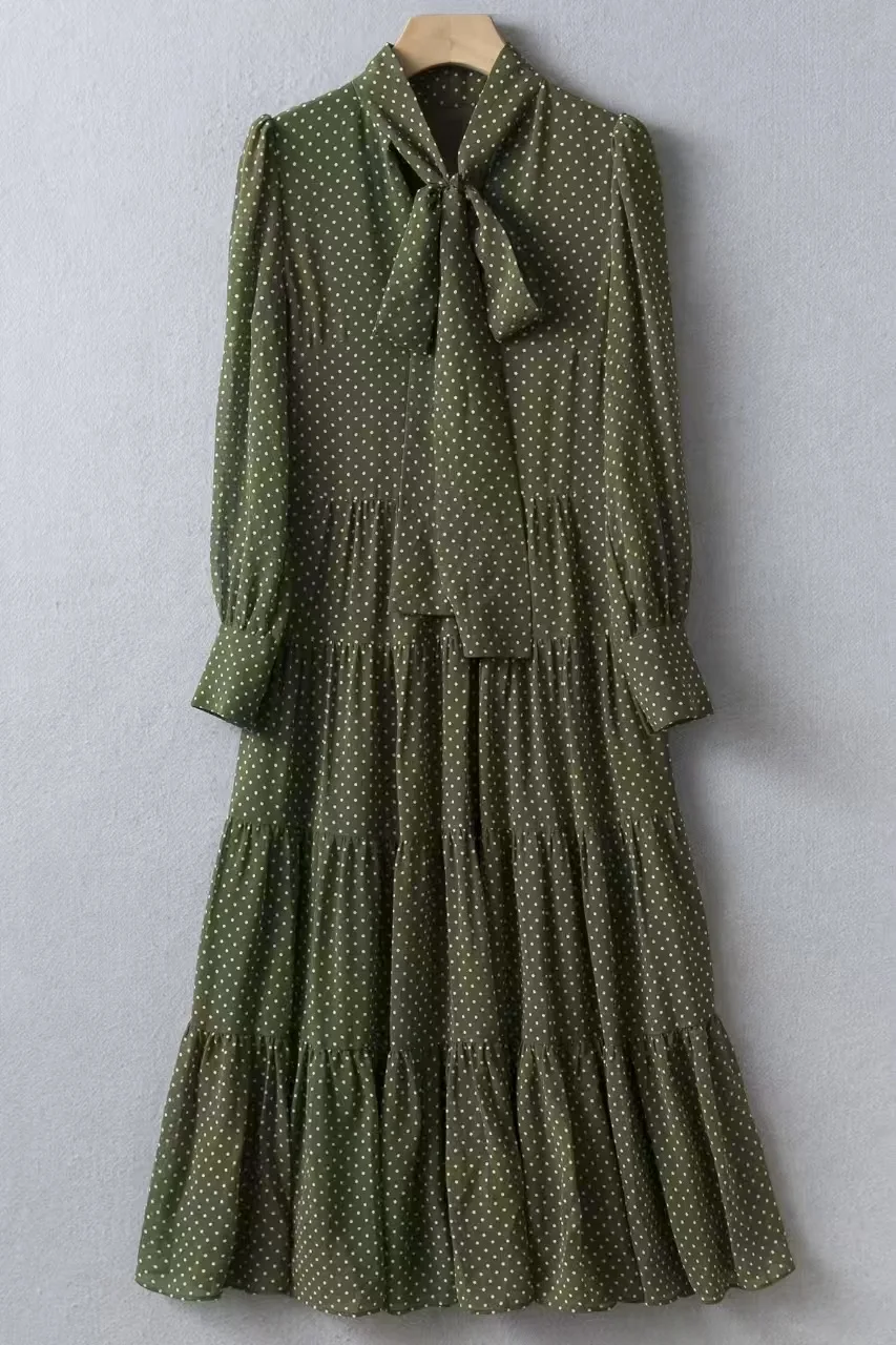 

Olive Green Polka Dots Printed Ribbons Sleeves Midi Dress UK 6-16