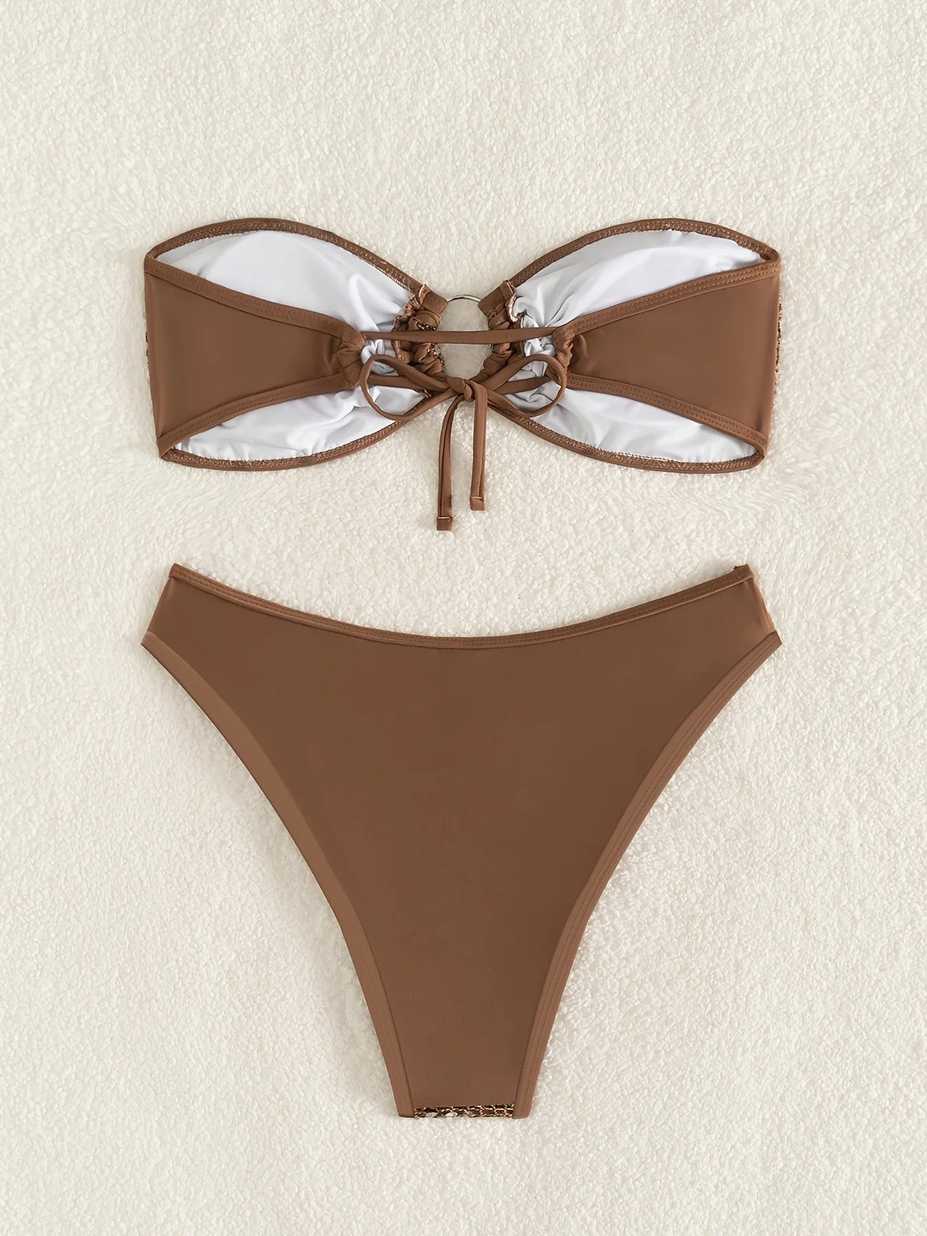 Sexy Coffee Brown Bikini Shiny Sequins Bandeau Swimsuit Women Backless Lace Mesh Splicing Vacation Outfit Swimwears Bathing Suit