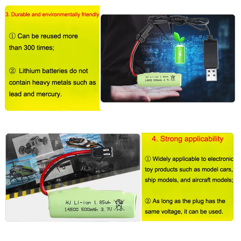 3.7V 500mAh 14500 bateria Lipo XH2.54 wtyczka z USB do Voor DE35 DE38 zdalnie sterowany pojazd wspinaczkowy z płyta ochronna