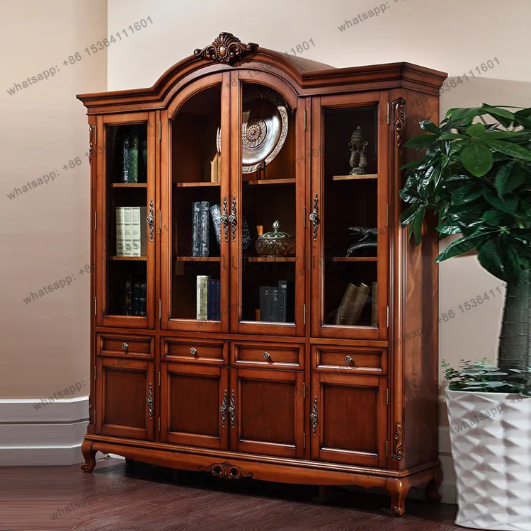

European-style carved decorative glass door cabinet American-style home retro and old four-door bookcase