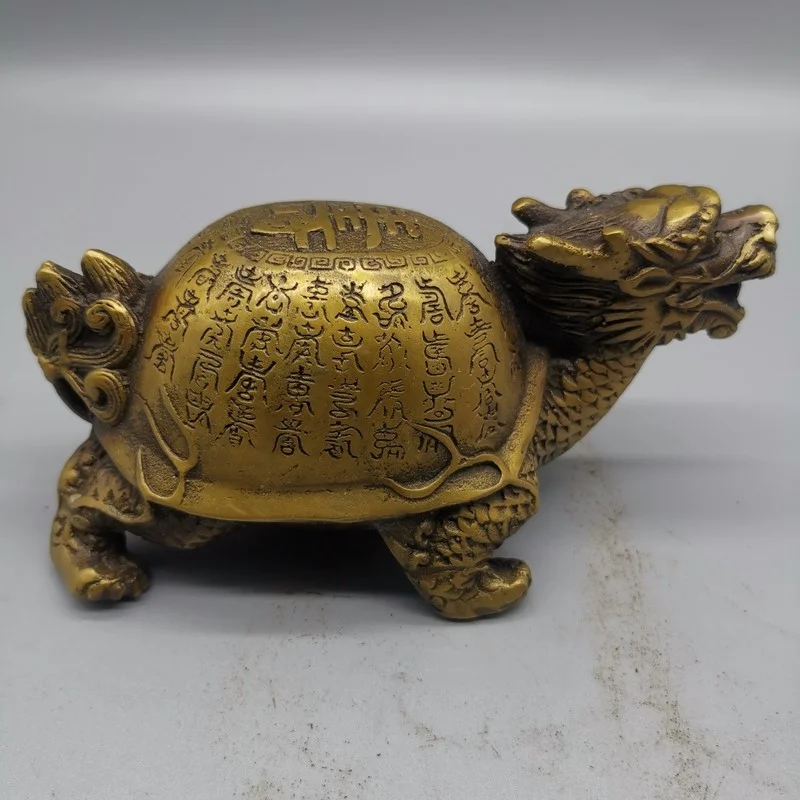 

Archaic Old Chinese FengShui Brass Longevity 100 ShouZi Dragon Turtle Statue Iiving Room Decoration Home Gift