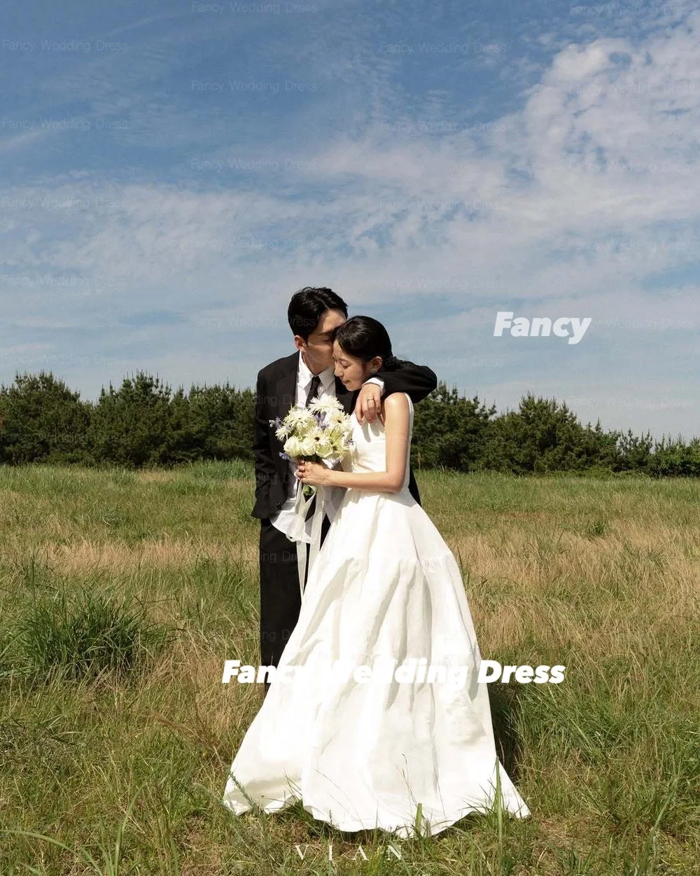 Fancy Elegant O Neck Wedding Dress Korea Garden Photoshoot A Line Taffeta Evening Dresses Sleeveless 웨딩드레스 Customized