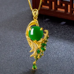 Ethnic Style Green Jade Peacock Pendant Necklace Female Fashion Phoenix Wings Necklace Silver 925 Collarbone Chain Women Jewelry