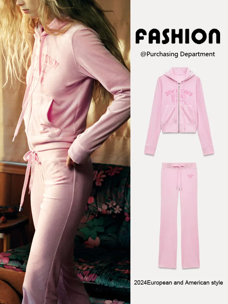 

Spring New Arrival Women's Long Sve Jaet Outerwear Velvet Printed Pants Two-Piece Set Zipper Closure Faionable Outfit