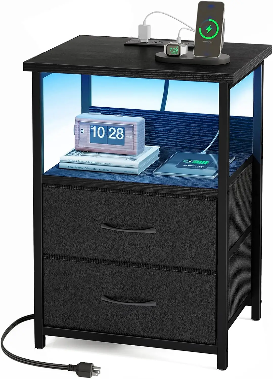 

LED Nightstand with Charging Station, USB Ports & Outlets, 2 Fabric Drawers, Black Bedside Table