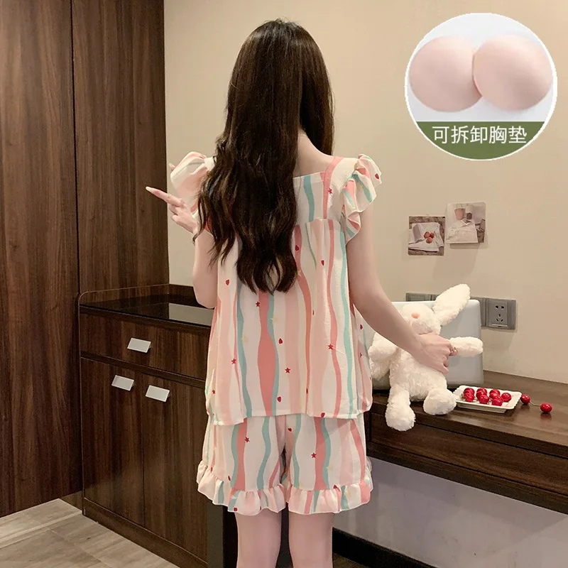 Setelan piyama Satin wanita motif bunga celana pendek kamisol bergaris setelan piyama Satin wanita 2 potong pakaian wanita Lounge piyama pakaian tidur Pj