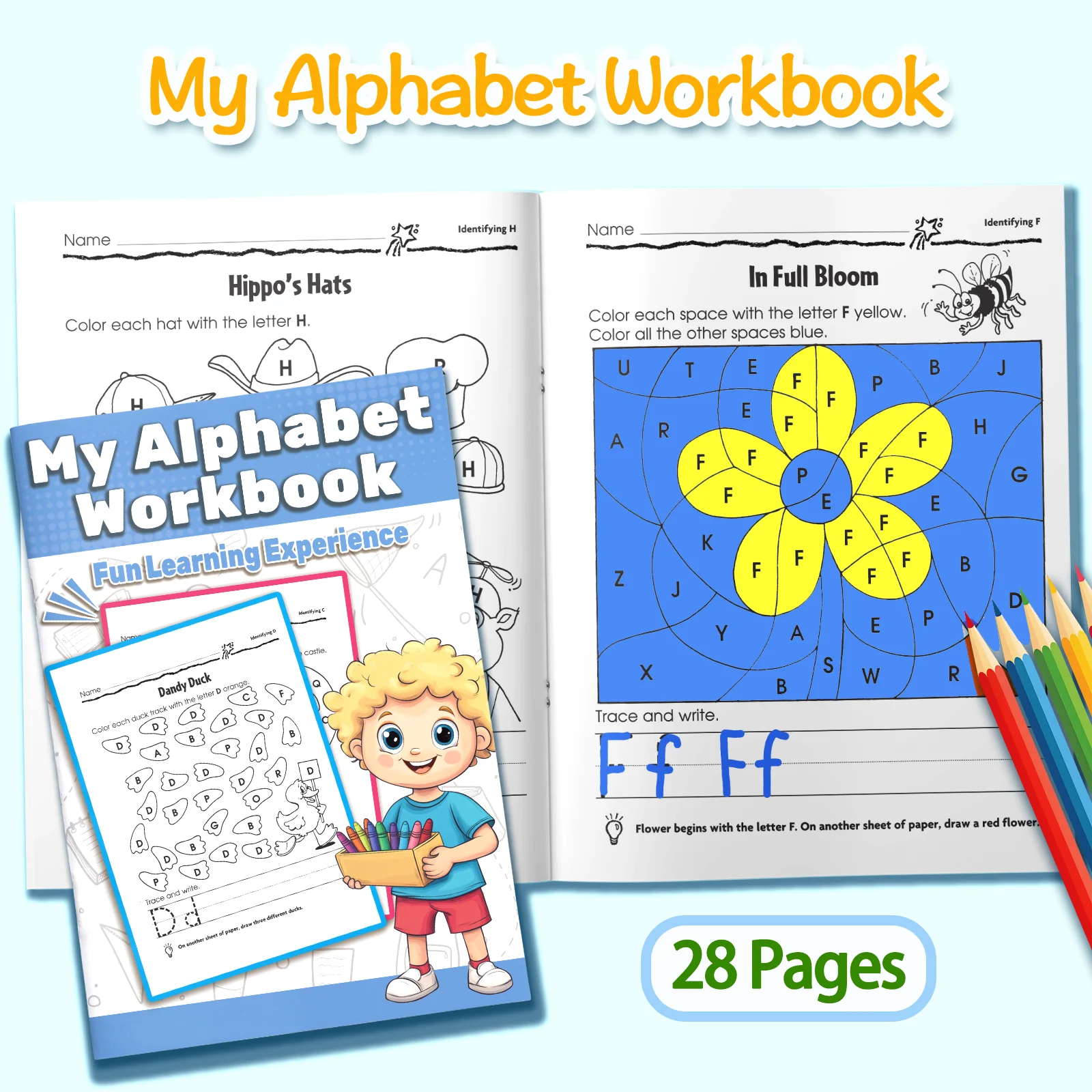 Children's alphabet coloring book, cute cartoon patterns, preschool early education workbook, boost your baby's hands-on skills