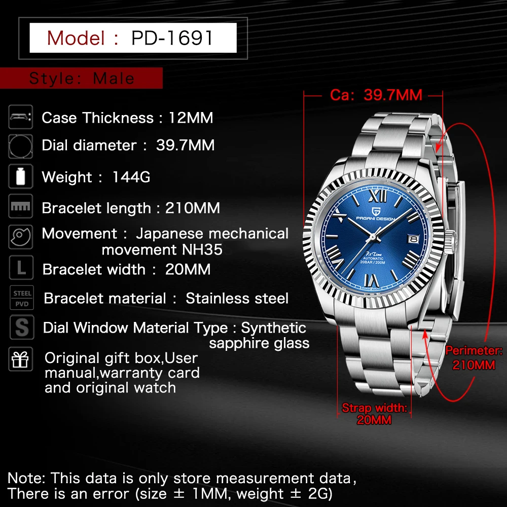 PAGANI DESIGN ساعة أوتوماتيكية عصرية ميكانيكية للرجال بمؤشر روماني زجاج الياقوت 200 متر مقاومة للماء ساعات من الفولاذ المقاوم للصدأ