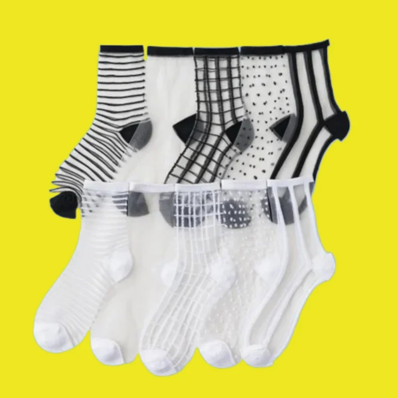 

5 Pairs Ultrathin Transparent Crystal Lace Fabulous Elastic Summer Ankle Fashion Sheer Mesh Glass Silk Socks Women Ladies Socks