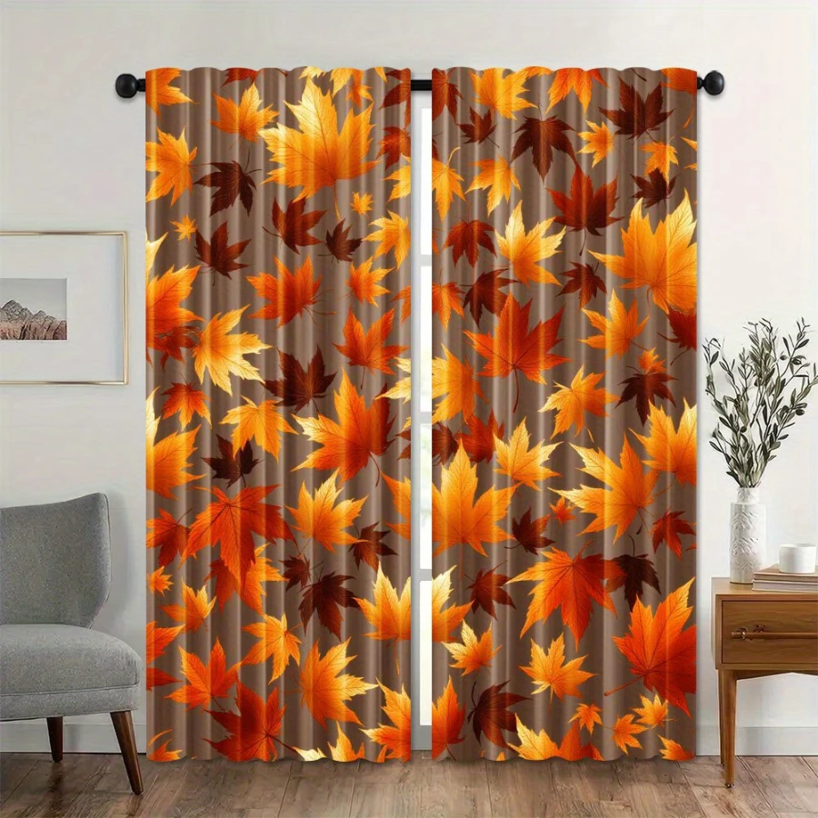 2PCS,Autumn Maple Leaf Pattern Window Curtains,  Seasonal Thanksgiving Home Window Decor for Living Room Bedroom Indoor Space