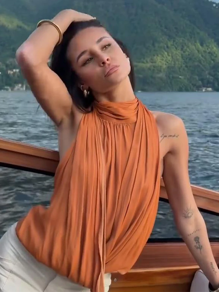 Damen-Oberteile, einfarbig, Pullover, Neckholder, Stehkragen, plissiert, rückenfrei, ärmellos, glamourös, locker sitzend, Partykleidung, Strandkleidung – Detail 28