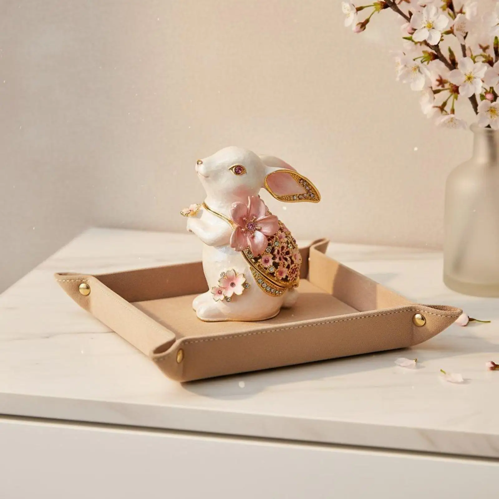 Enamel Rabbit Trinket Box Jeweled Accents Home Decor Zinc Alloy for Vanity