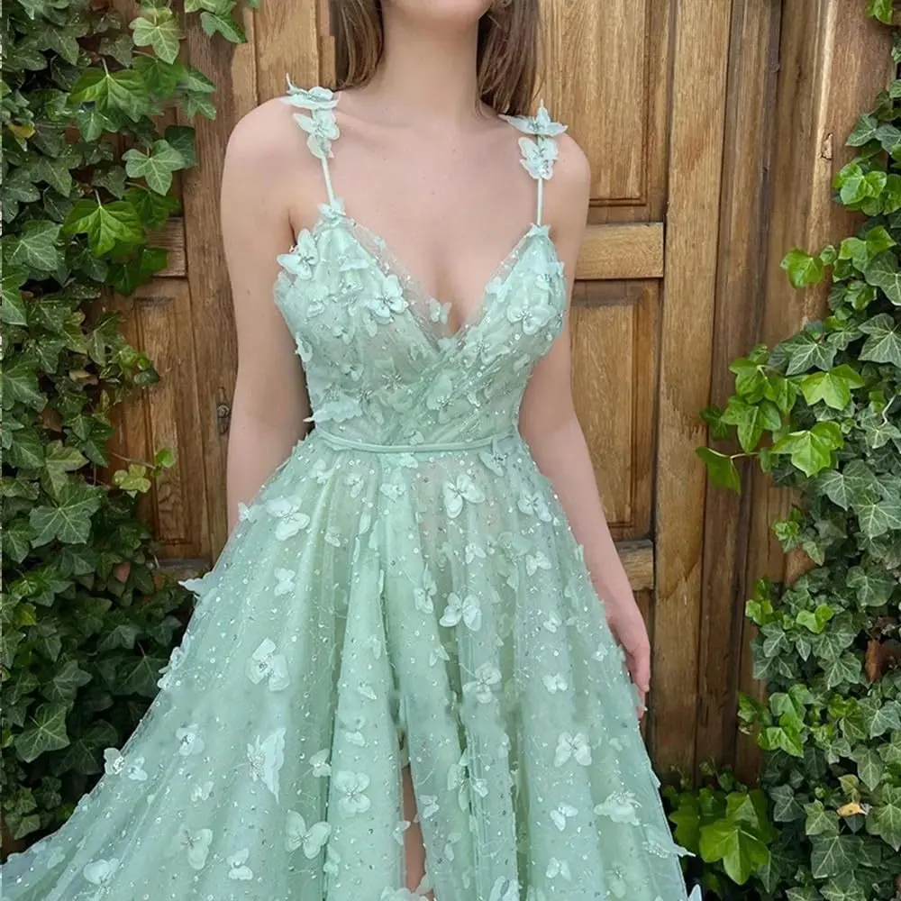 Sparkly Prom Dresses for Teens 2024 3D Butterfly Tulle Spaghetti Straps Long Slit Backless Paty Gowns  Evening Gown Dresses