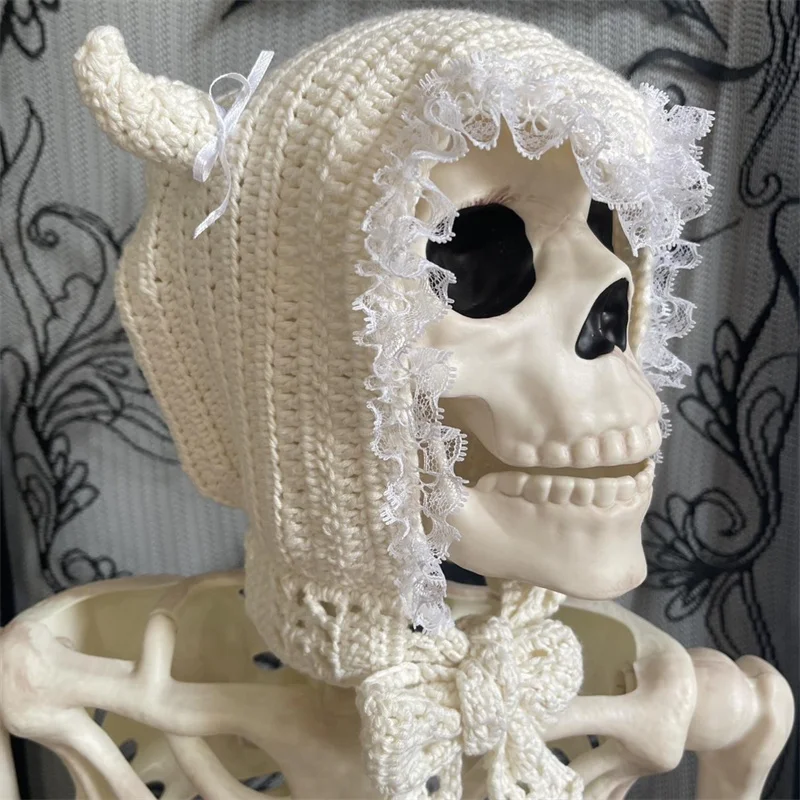 Handmade Cream White Crochet Devil Horn Bonnet with Lace Trim, Coquette Y2K Aesthetic Knit Hat for Winter