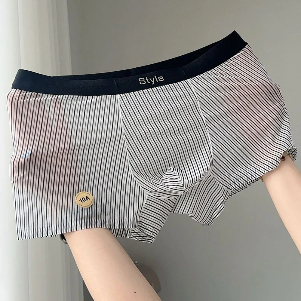 1pc Fashion Boxers Men Striped Ice Silk See Through Boxer Shorts U Convex Pouch Underwear Quick Drying Lightweight
