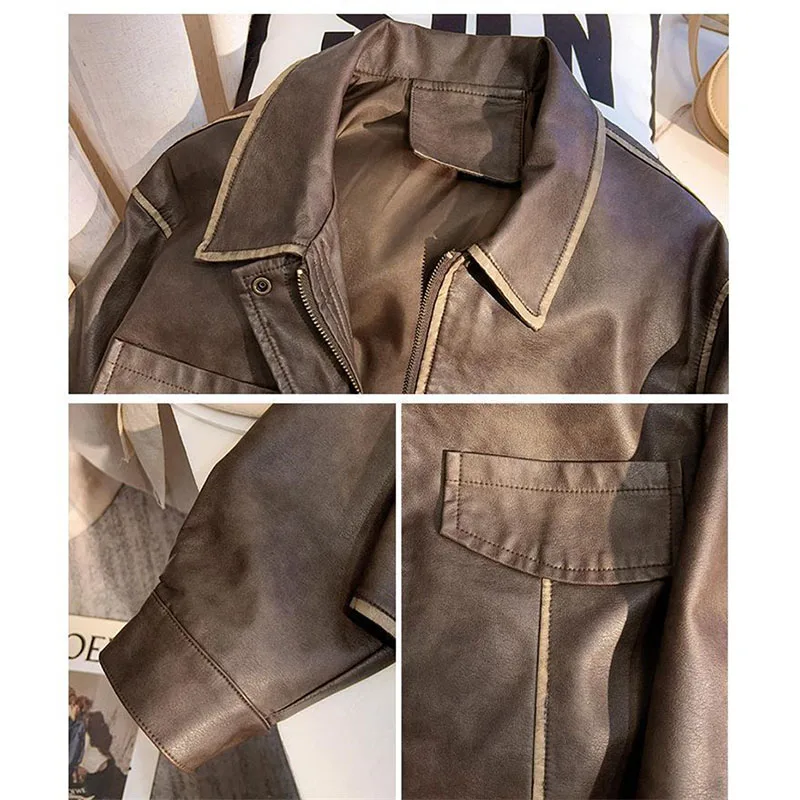 السيدات اللون حجب البيسبول سترة قصيرة الخريف الإناث الترفيه بولي معطف معطف جلد ريترو المرأة موضة فضفاضة فو الجلود أبلى