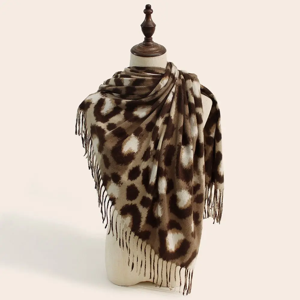 Faux Cashmere cachecol longo cobertor para mulheres, estampa de leopardo, confortável pescoço quente, robusto, inverno, novo