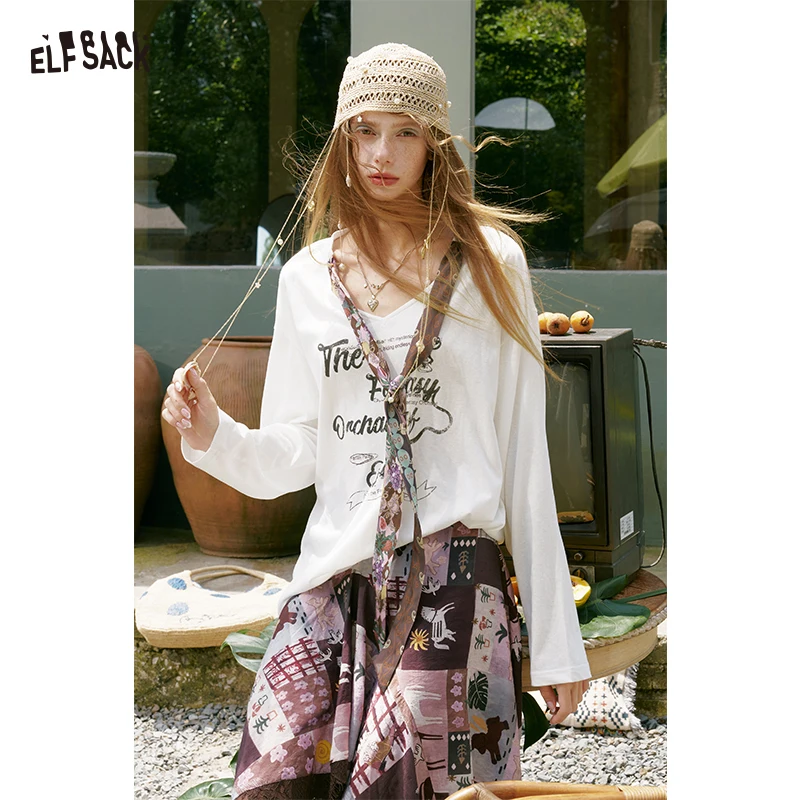 ELFSACK Women's Vintage Long Sleeve T-Shirt with Silk Scarf Tie & Letter Fruit Graphic Print, Loose Fit Lightweight Summer Tee