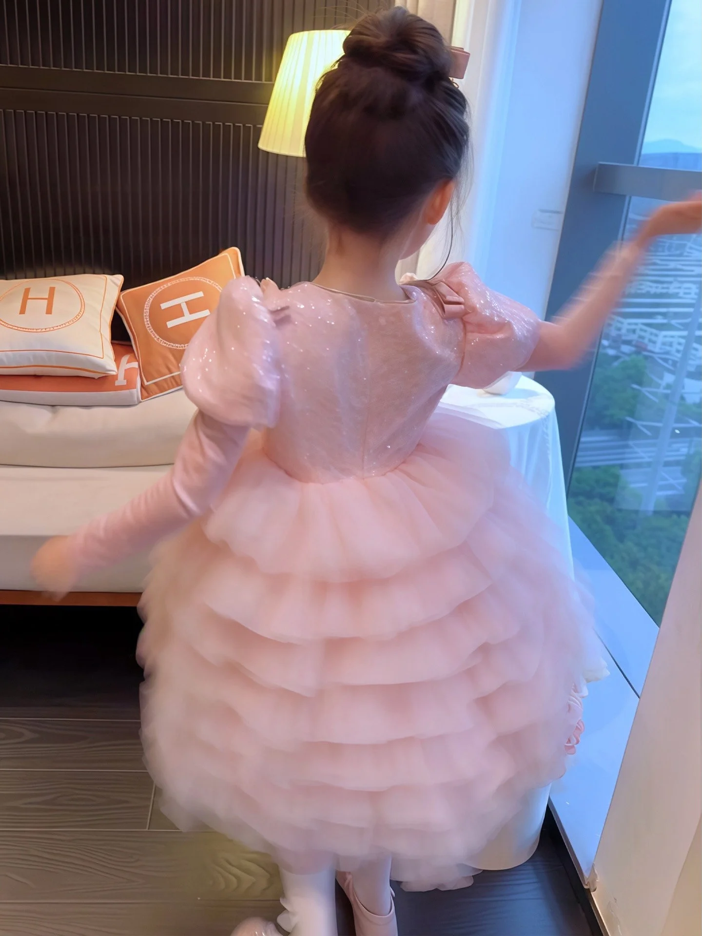 Custom light luxury dress women wedding guest gown girls wedding gown birthday party pageant puff long sleeve 3d floral layered