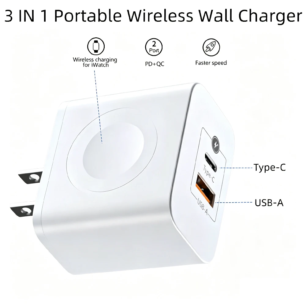 1PCS 3-in-1 Adapter for Watch, 20W USB C Fast Charging Block with Dual Ports & Magnetic Wireless Adapter, Travel Wall Plug