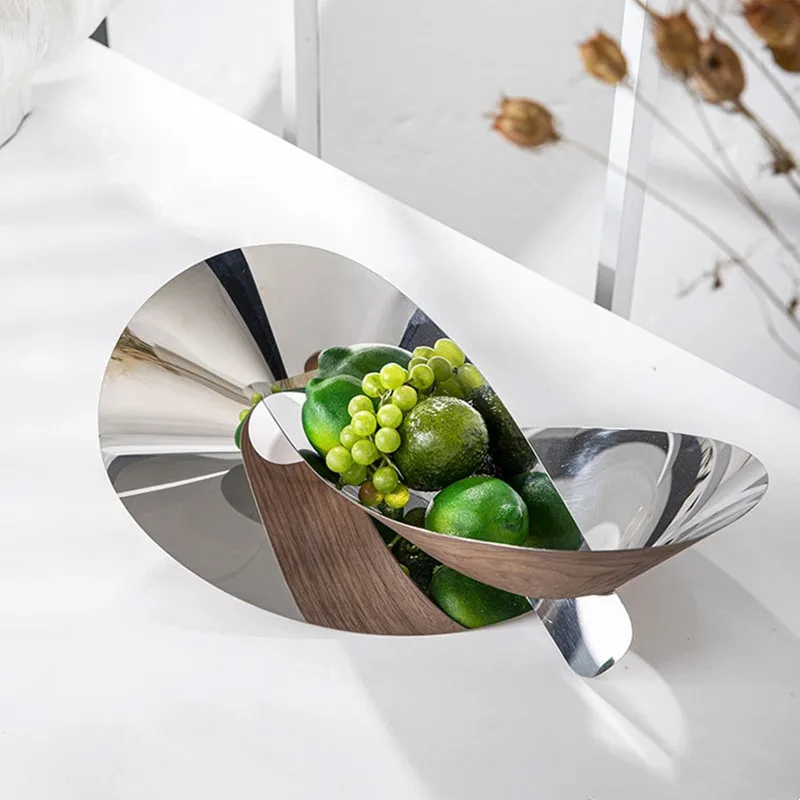 Wood Grain Metal Irregular Winding Fruit Tray, Geometric Art Stainless Steel Tray, Dining Table Decoration Storage Tray