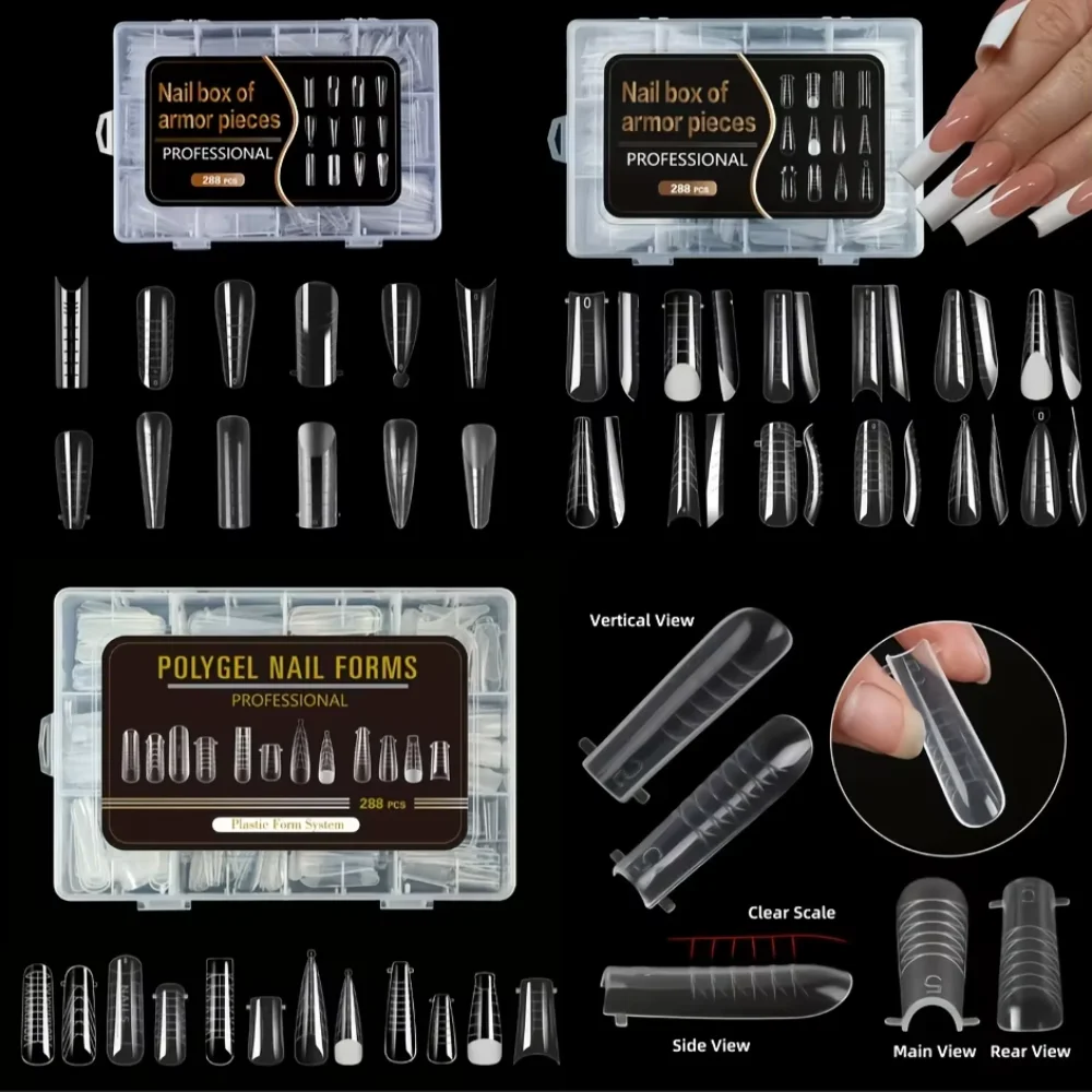 Mixed 12 Types Nail Tips Sets Pointed/Trapezoidal Nails Clear Forms Gel Extension Molds with Scale Ultra-Thin False Nails