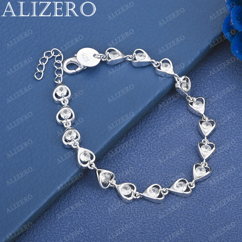 ALIZERO 925 Sterling Silver White Zircon Hearts Chain Bracelets For Women Wedding Party Gifts Fashion Jewelry