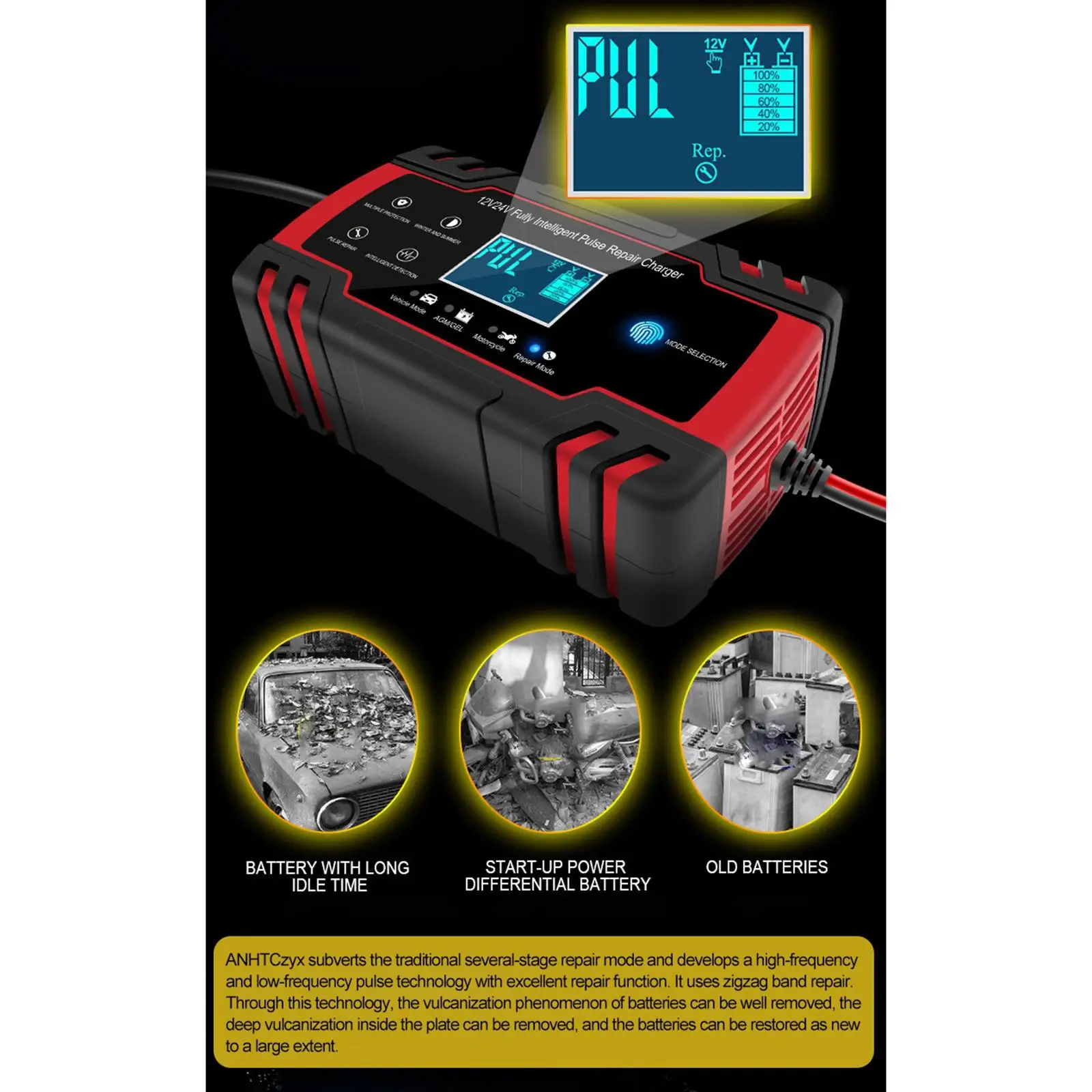 

Enhanced Edition Car Battery Charger 12V/8A 24V/4A Compatible Automotive Smart Portable Battery Charger Maintainer/Pulse Repair