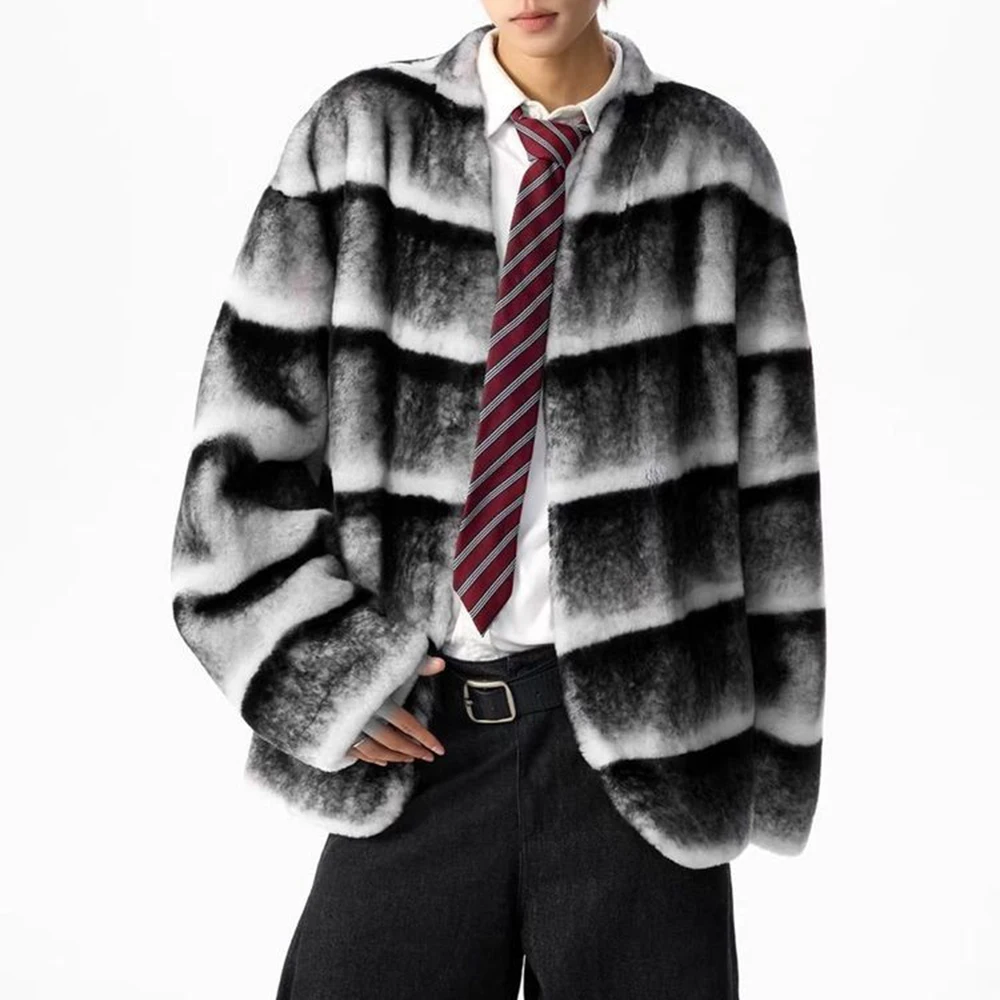 

Winter New Men's Long-Sleeved Striped Mink Fur Jacket American Retro Fashion Trendy High Street Loose Casual Niche Men's Top