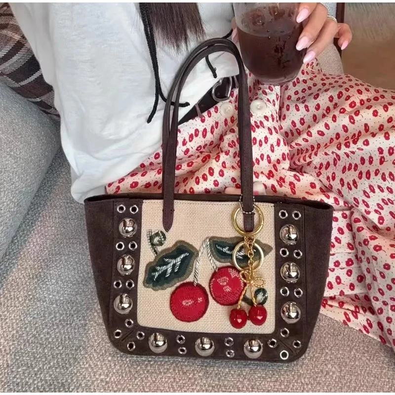 Luxury Shoulder Bag High-end Creative Embroidery Cherry Rivet Tote Bag European American Fashion Retro Vegetable Basket Handbag