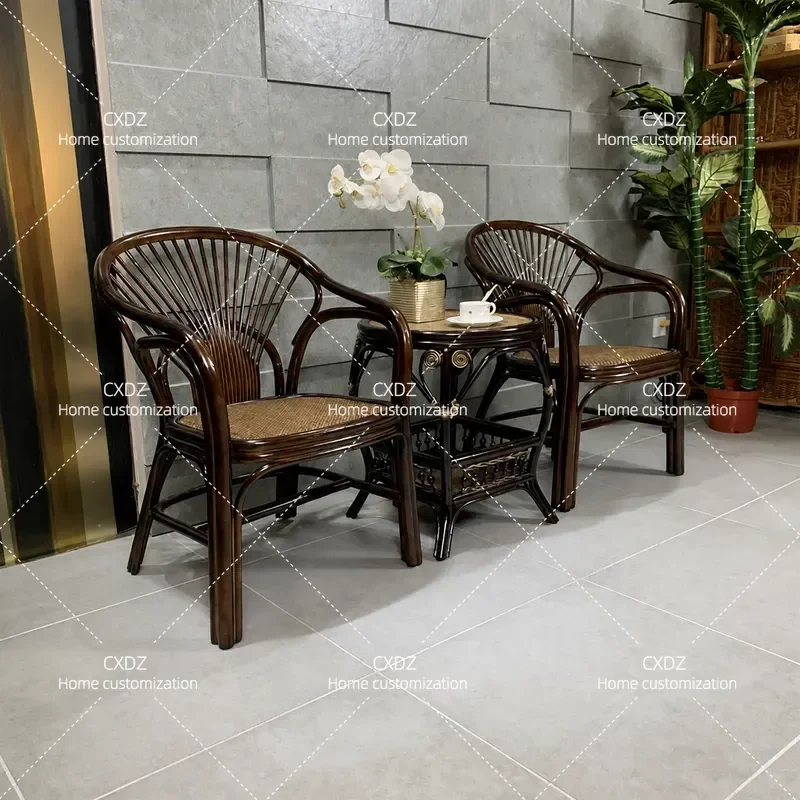 Natural Rattan Chair Set 3 Piece Living Room Balcony Table and Chairs Combination Terrace Furniture 5 Piece Set with Backrest