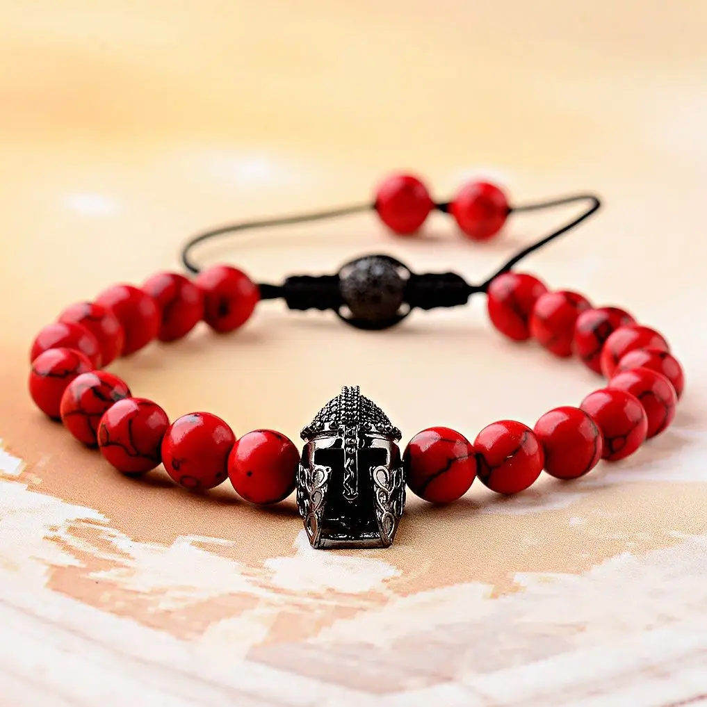 Classics Warrior Gladiator Helmet Bracelet Men Nature Stone Red Turquoises Stone Adjustable Bracelet Tough Guy Accessories