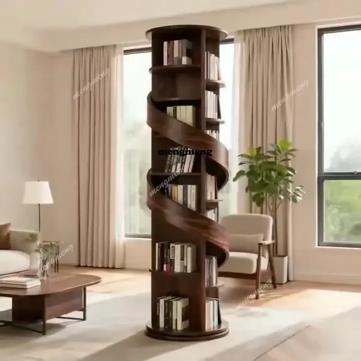 Y136 Modern minimalist North American black walnut spiral bookshelf  aesthetics rotating bookshelf storage bookcase integrated