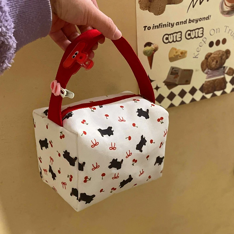 Cute High Capacity Black Cat Cherry Bow Print Handheld Cosmetic Bag Travel Portable Sundries Storage Bag Fashion Makeup Bag Gift