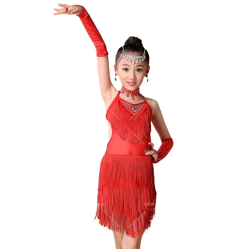 Robe de brevLatine à Franges Rouges pour Fille, Costume de Spectacle, Paillettes