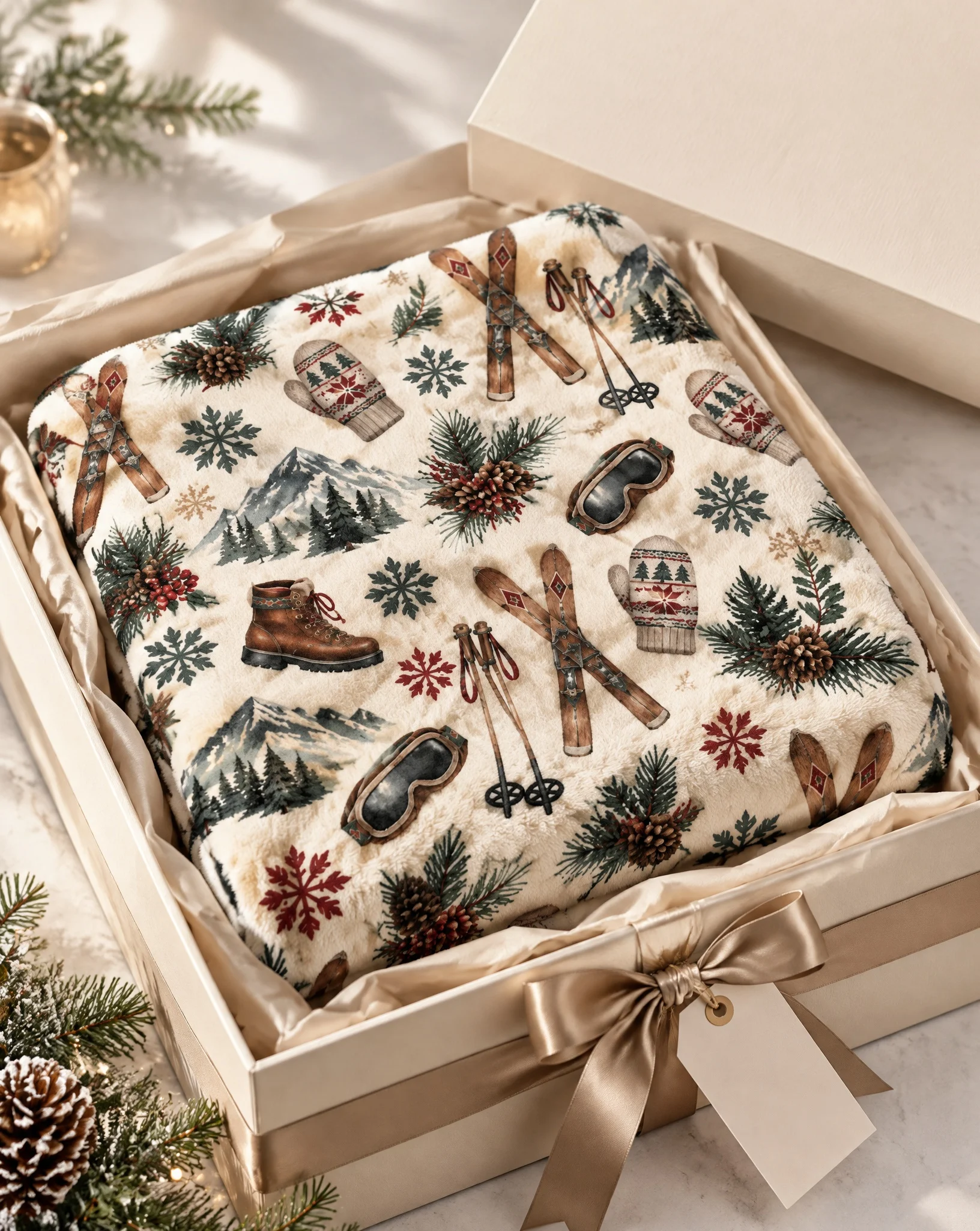 Winter Ski Lodge Throw Blanket, Mittens & Pine Print Cabin Decor Cover, Cozy Leisure Wrap for Sofa Bed, Wonderful Christmas Gift for Ski Enthusiasts