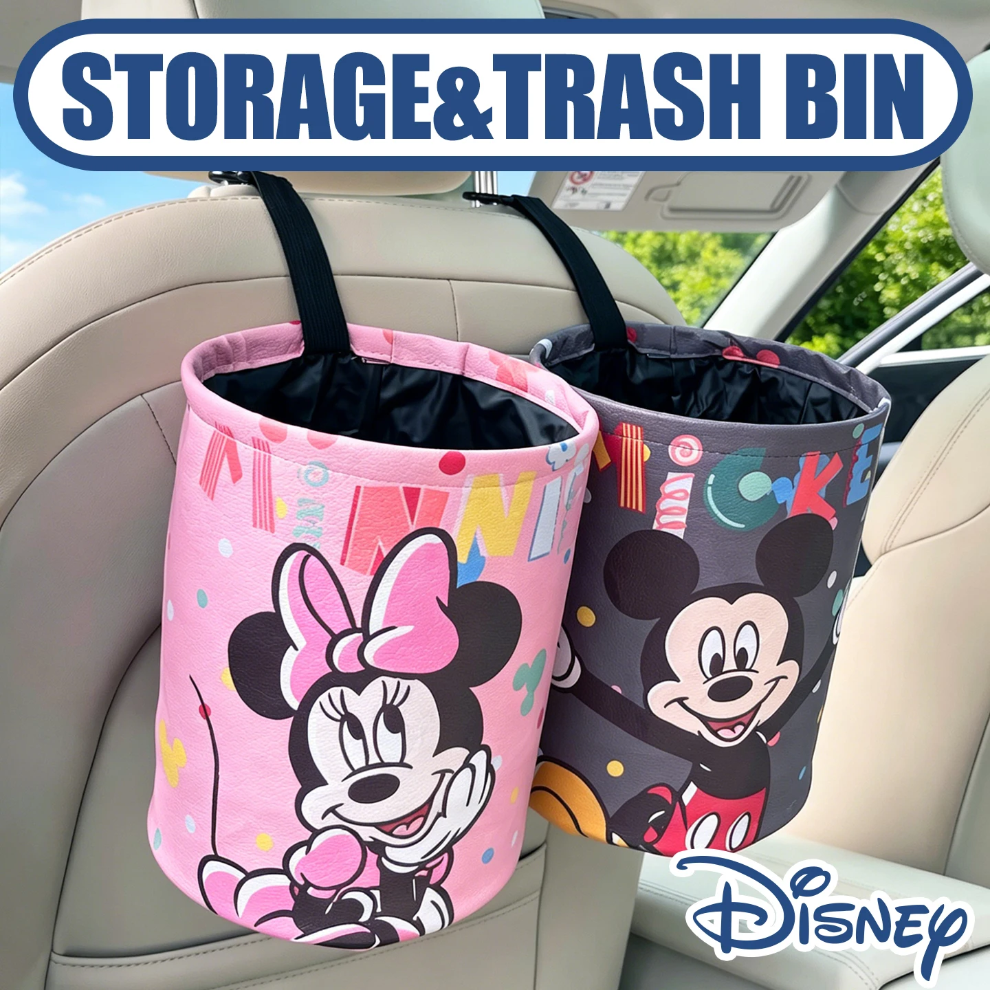 Disney Mickey Minnie Car Storage Bin Bag Backseat Hanging Organizer Trash Can Collapsible Interior Accessories Clutter Solved