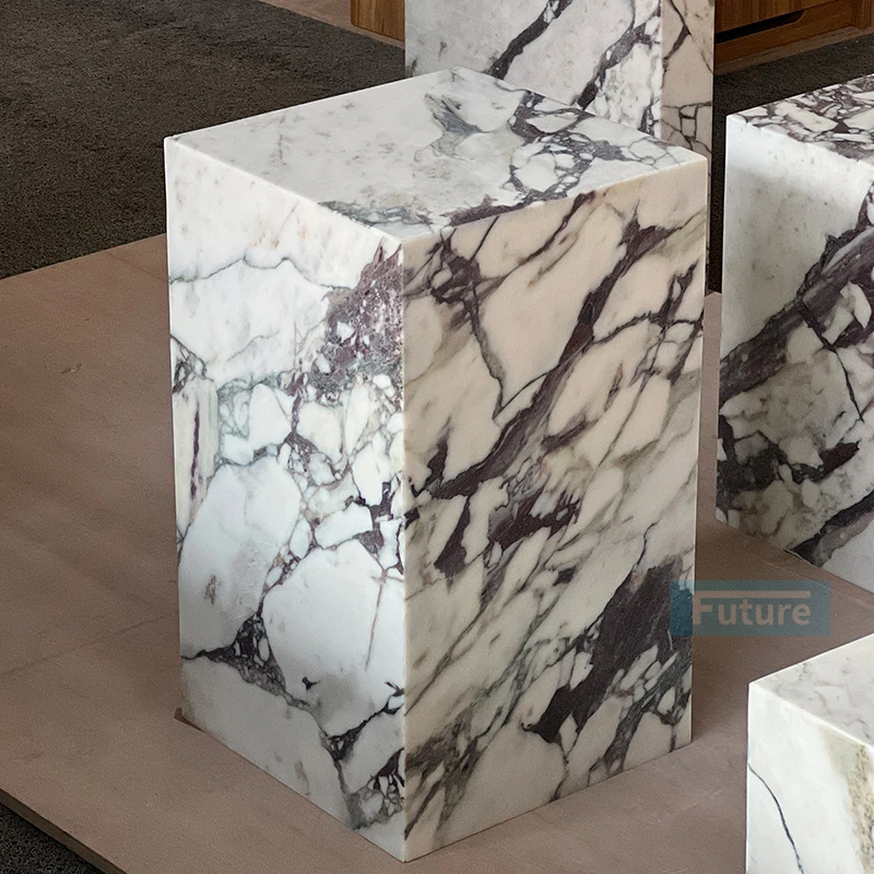 Mesa Auxiliar de Mármol Calacatta Viola de Lujo con Forma de Cubo, Alta y Baja, para Sala de Estar, Dormitorio, Recibidor, Precio de Fábrica