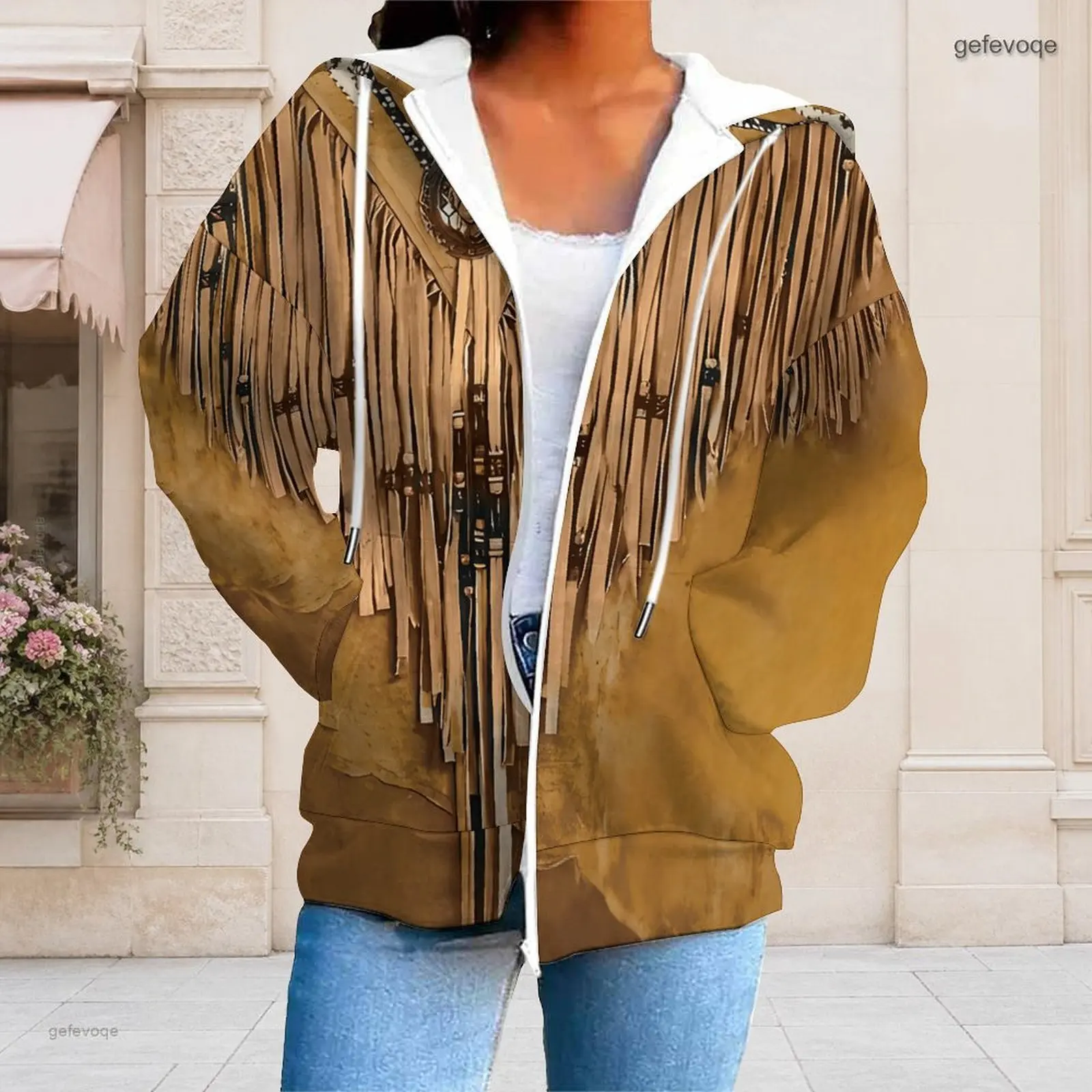 Women Printed Brown Native Fringe Pattern Long Sleeve Zip Up Hoodie with Drawstring Hood and Pockets