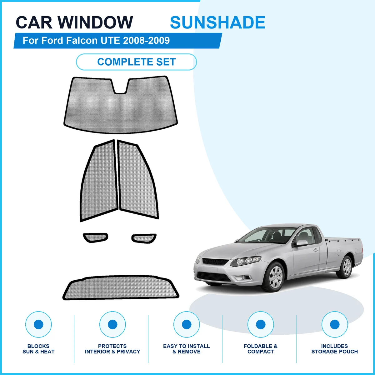 For Ford Falcon UTE 2008-2009 Custom Full Set Window Sunshades Aluminum Foil Suction Cup Anti UV Privacy